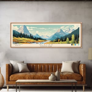 Glacier National Park Panoramic Montana Travel Art, National Park Print, Minimalist Travel Art, Subdued Watercolor Painting Panoramic