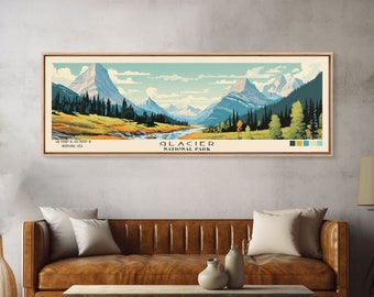 Glacier National Park Panoramic Montana Travel Art, National Park Print, Minimalist Travel Art, Subdued Watercolor Painting Panoramic