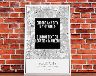 Choose Any City - Custom Map Art - Office Decor Travel Gift Custom Map City Canvas Print Home Town Streets Map Art Wall Poster Gift