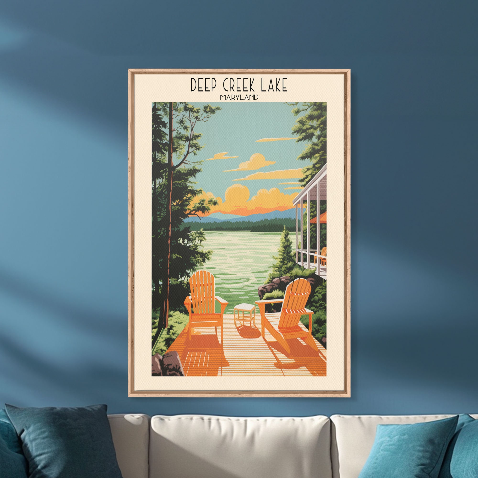 Deep Creek Lake Maryland Framed Canvas Print, Travel Poster, Lake House Art, Living Room Wall Art, Home Decor, Midcentury Modern, Pop Art