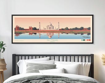 Taj Mahal India Travel Poster: Panoramic Framed Canvas Art