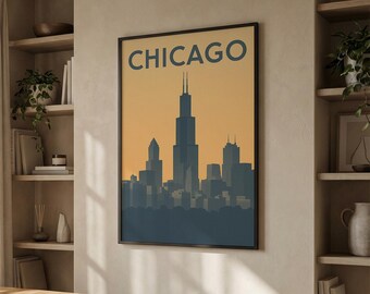 Chicago Travel Poster, Framed Canvas Print, Minimalist Retro Wall Art, Chicago Art Print, Watercolor Skyline, Vintage Travel Art