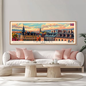 May include: A colorful illustration of the city of Tønsberg, Norway. The image features a cityscape with buildings, a church steeple, and a blue sky with clouds. The text "Tønsberg, Norway" is displayed below the image.