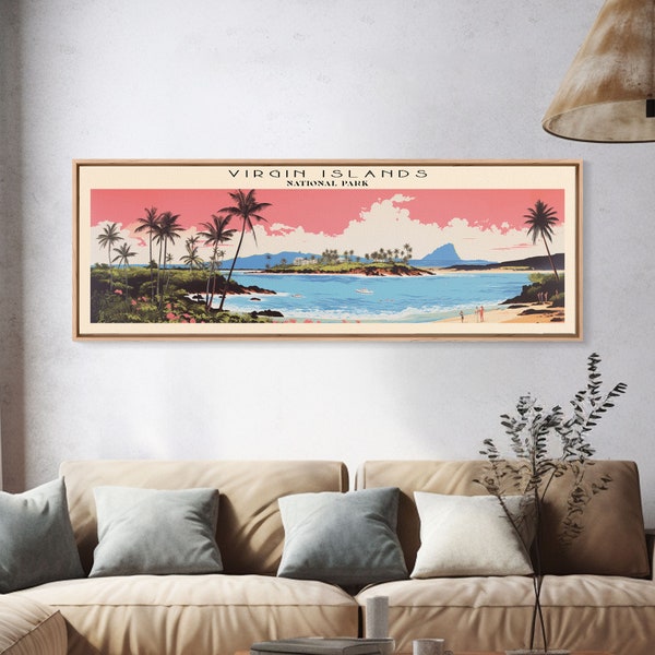 Virgin Islands National Park Panoramic St John Travel Art, National Park Print, Minimalist Travel Art, Subdued Watercolor Painting Panoramic