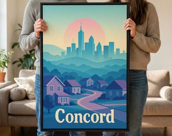 Concord Travel Poster, Framed Canvas Print, Vaporwave Skyline Wall Art, Concord Poster Print, Living Room Wall Art, Wanderlust Decor