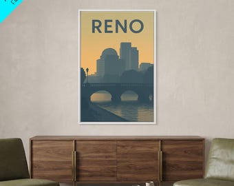 Reno Travel Poster, Framed Canvas Print, Minimalist Retro Wall Art, Reno Travel Art, Vintage Travel Print, Travel Art Print, Travel Gift