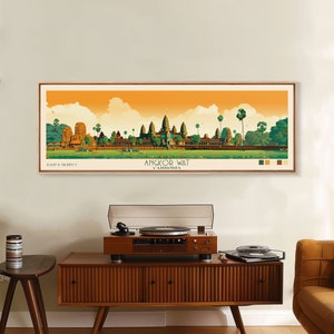 Angkor Wat Cambodia | Framed Travel Poster Panoramic Canvas Print | Trendy Wall Art | Watercolor Painting | Living Room Art