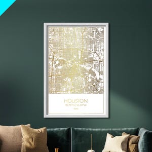 Houston Texas City street map, Metallic Gold Print, white and gold, real wood frames, Metal Art, Map Print Poster, Street Map Wall Art