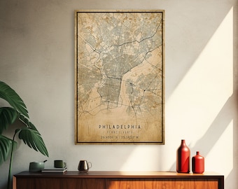 Vintage Philadelphia City Map Canvas Print: Pennsylvania Wall Art