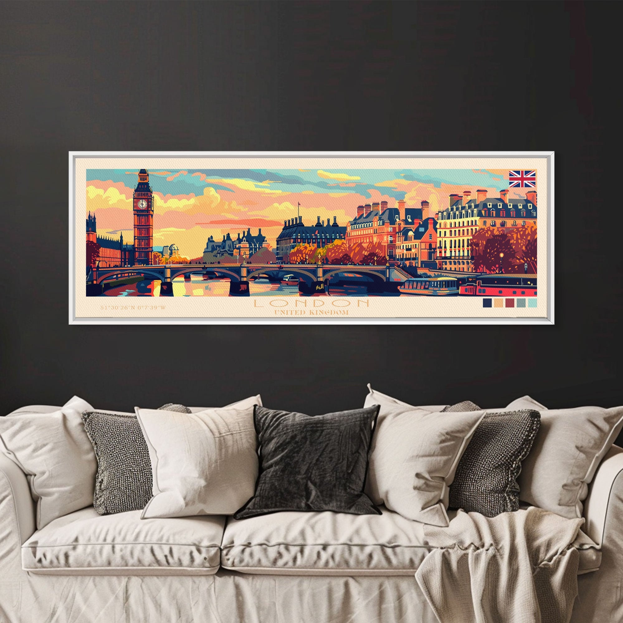 London United Kingdom Panoramic Travel Poster, Framed Canvas Print or Metal Art, Travel Art, Home Decor, Panoramic Painting, Midcentury Art