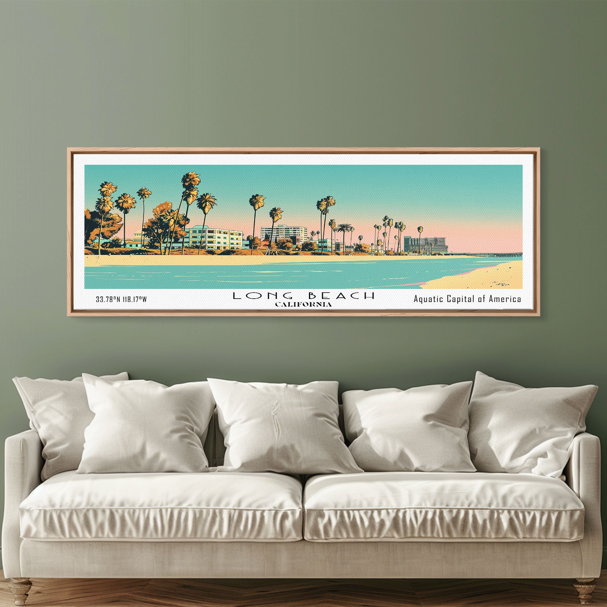 Long Beach California Panoramic Painting, Mid Century Modern