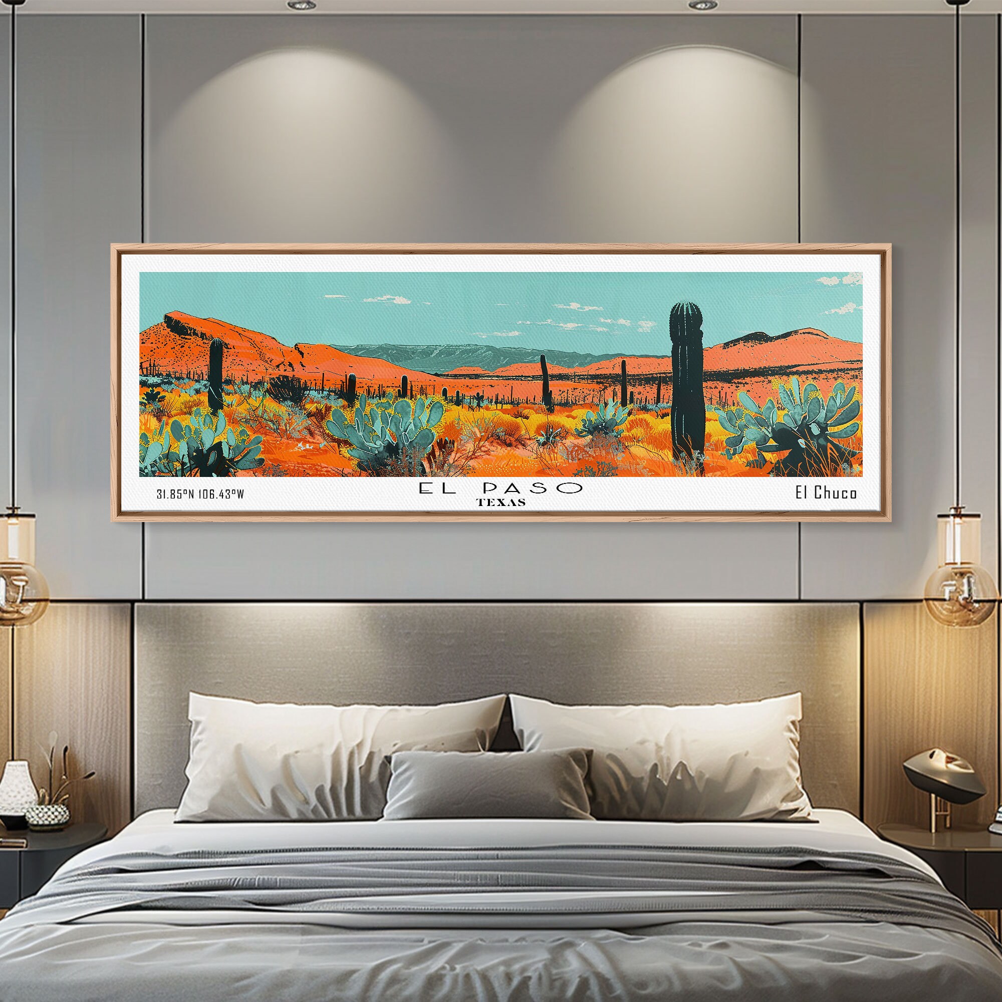 El Paso Texas Panoramic Painting, Mid Century Modern Framed Canvas Print, Retro Pop Art Travel Poster, Living Room Wall Decor