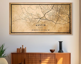 Austin Map Print Canvas or Poster, Texas Map Art, Texas Map Print, Vintage Austin Texas Map Framed Art, Retro / Distressed Office Art