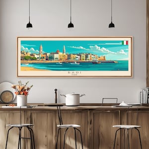 Bari Italia Arte de viaje, Arte de la ciudad, Impresión de lienzo enmarcado o arte de pared de metal, Cartel de viaje de Europa, Arte panorámico de la pared, Arte de pared extra ancho