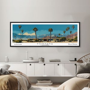 Fontana California Panoramic Painting, Mid Century Modern Framed Canvas Print, Retro Pop Art Travel Poster, Living Room Wall Art