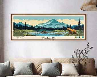 Katmai National Park Panoramic Alaska Travel Art, National Park Print, Minimalist Travel Art, Subdued Watercolor Painting Panoramic