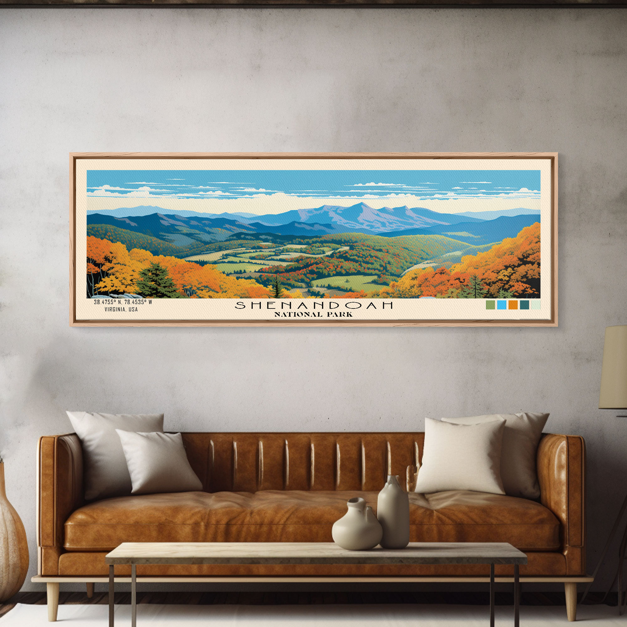 Art de voyage panoramique du parc national de Shenandoah en Virginie, impression du parc national, art du voyage minimaliste, peinture aquarelle tamisée panoramique