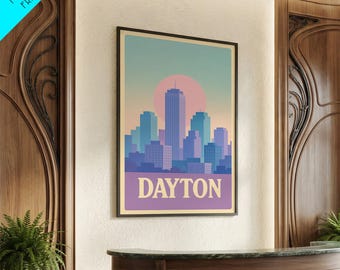 Dayton Travel Poster, Framed Canvas Print, Pastel Retro Travel Art, Dayton Travel Art, City Travel Prints, Travel Art Print, Poster Art