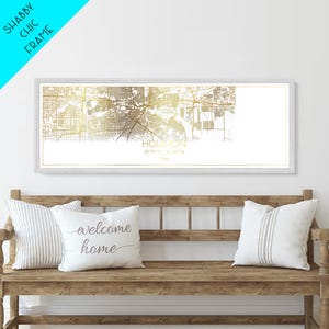 Houston Texas Panoramic street map, Metallic Gold Art, white and gold, wood framed map, Metal Art, Real Wood Frames, Map Art