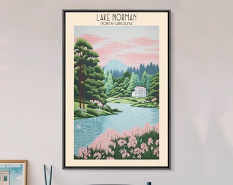 Lake Norman North Carolina Travel Poster Art, Framed Canvas Print, Midcentury Modern Lake House Decor, Wall Art for Home