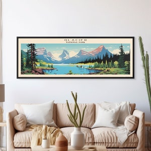 Glacier National Park Panoramic Montana Travel Art, National Park Print, Minimalist Travel Art, Subdued Watercolor Painting Panoramic