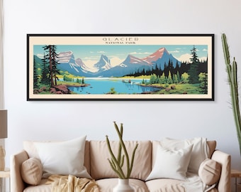 Glacier National Park Panoramic Montana Travel Art, National Park Print, Minimalist Travel Art, Subdued Watercolor Painting Panoramic