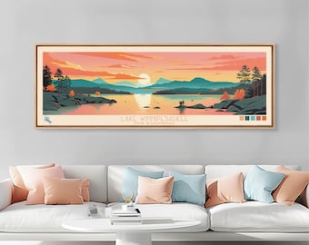 Lake Winnipesaukee, New Hampshire Panoramic Wall Art Framed Canvas Print, Midcentury Modern Home Decor, Travel Poster, Living Room Art