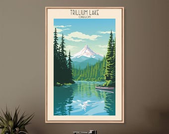 Trillium Lake Oregon Framed Canvas Print: Retro Travel Poster