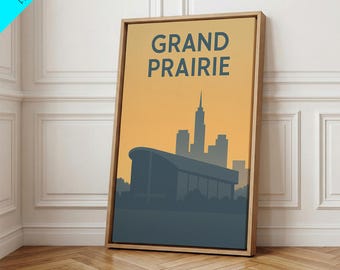 Grandprairie Travel Poster, Framed Canvas Print, Sunset Skyline Wall Art, Grandprairie Poster Print, Eclectic Wall Decor, Vintage Travel Art