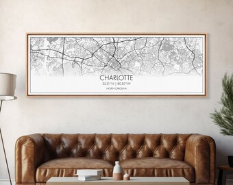 Panoramic Charlotte City Map, North Carolina Art, Map Print, Minimalist Wall Art, Canvas Art, Housewarming Gift, Street Map, Closing Gift