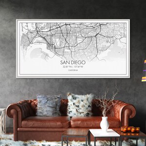 San Diego City Map, California Art, Map Print, Modern Wall Art, Wall Art, Canvas Art, Home Décor Prints, Friendship Gift, Horizontal Art