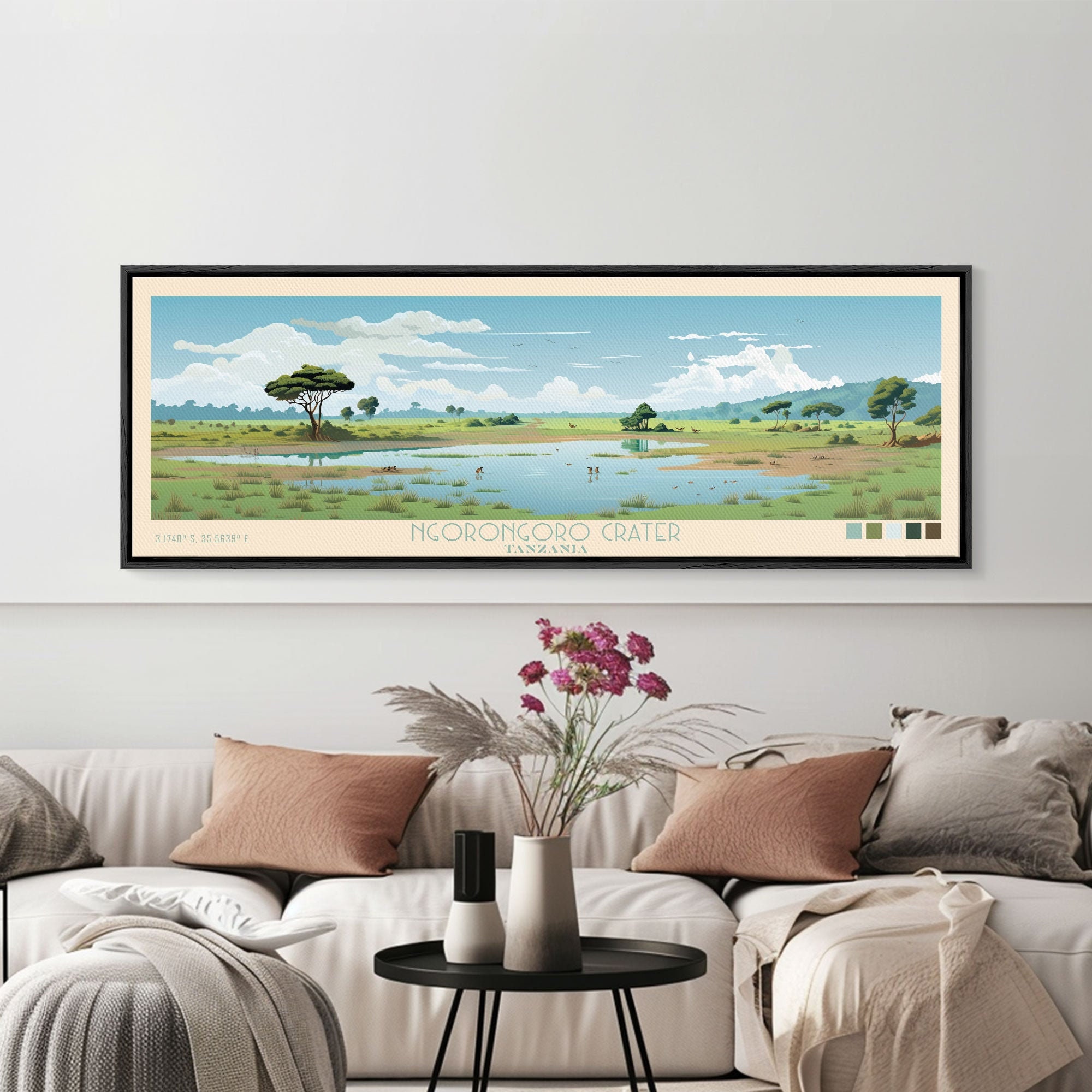 Ngorongoro Crater Tanzania Art | Framed Canvas Print Travel Poster | Panoramic Wall Art | Home Decor | Gift For Travel Lover | Wall Hanging