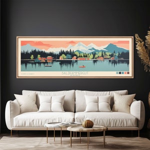 Salzkammergut Travel Art Framed Canvas Print, Austria, Home Decor, Travel Poster, Vintage Wall Art, Panoramic Watercolor Painting