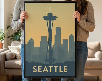 Seattle Travel Poster, Framed Canvas Print, Minimalist Retro Wall Art, Seattle Travel Art, City Art Print, Wanderlust Decor, Travel Print