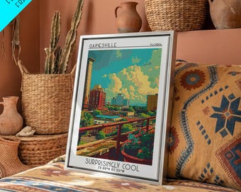 Gainesville Travel Poster, Canvas Print, Retro Wall Art, Travel Print, City Wall Art, City Illustration, Travel Decor, Landscape Art
