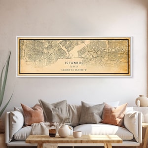 Vintage Panoramic Istanbul City Map Wall Art Canvas Print, Distressed Istanbul Map, Framed Wall Art, Cool Turkey Travel Wall Art, Office Art