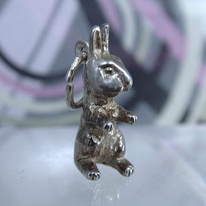 以下が含まれることがあります： ウサギの形をしたシルバーチャーム。ウサギは耳を立てて座っています。チャームの上部には、ブレスレットやネックレスに取り付けるためのループが付いています。