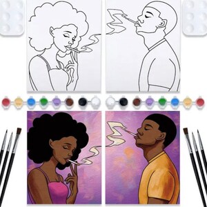 May include: Two paint by numbers kits featuring a couple, one with a black and white outline and the other with a colorful image. The kits include two canvases, paintbrushes, and paint pots.