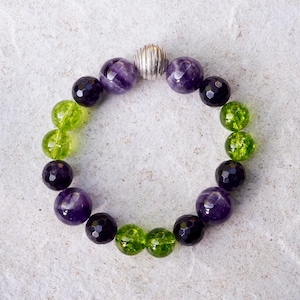 Amethyst Peridot Gemstone Beaded Stretch Bracelet.  With Solid Sterling Silver Accent Bead.   Handmade with AAA+ Gemstones.