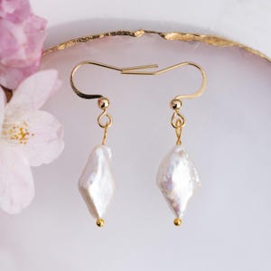Natural Baroque Keshi Pearl 18k Gold plated Dangle Drop Earrings.  Handmade.