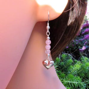 Rose Quartz Silver Heart Gemstone Silver Dangle Drop Earrings. Handmade with Solid Sterling Silver. 4mm Gemstones, Valentine&#39;s gift.