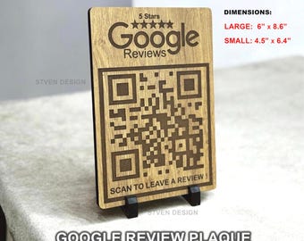 May include: A rectangular wooden Google review plaque featuring a laser-engraved QR code, five stars, and the text 5 Stars Google Reviews and SCAN TO LEAVE A REVIEW. The plaque is 8mm thick, with dimensions listed as Large 6 inches by 8.6 inches and Small 4.5 inches by 6.4 inches.