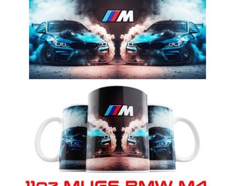 May include: White ceramic mugs with a design featuring two blue BMW M4 cars surrounded by smoke. The BMW logo is displayed above the cars. The text "11oz MUGS BMW M4" is printed in red at the bottom.