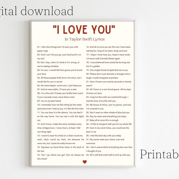 Ways to say I Love You in Taylor Swift lyrics poster| Digital download poster