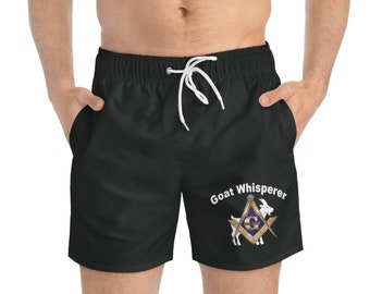 Goat Whisperer- Mason/ Masonic Swim Trunks, Left Leg Front And Back Print With Pockets