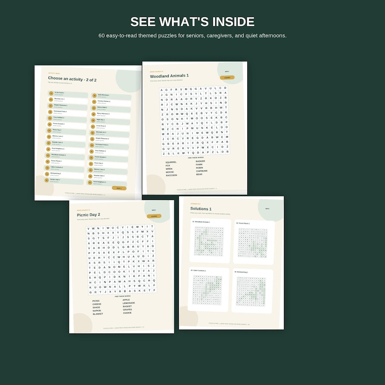 Large Print Woodland Word Search for Seniors, 60 Puzzles, Printable PDF