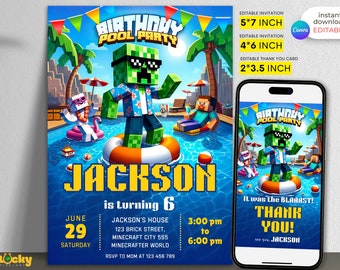 Editable Pool Party Minecraft Birthday Invitation Minecrafter birthday invitation Gamer invitation Minecraft Birthday invitation template