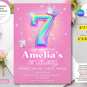 Editable Pink 7th Birthday Invitation Template Diamond Crown Glitter Birthday Party Invite Girl Princess Birthday Instant Download Digital