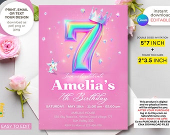 Pink Princess 7th Birthday Invitation: Diamond Crown (Digital Download)