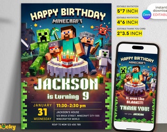 Editable Minecraft Birthday Invitation Minecrafter birthday invitation Gamer invitation Minecraft Birthday party invitation